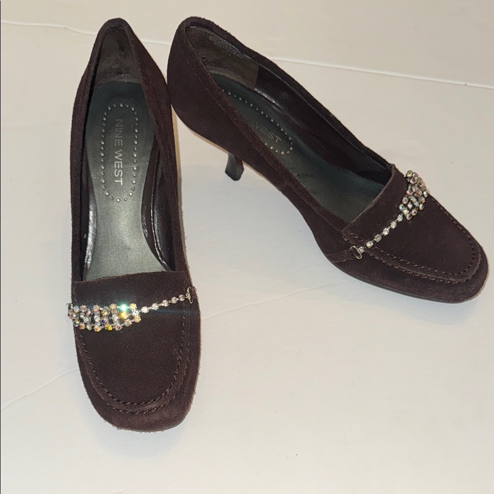 Nine West Brown Heels with Rhinestone Embellishment